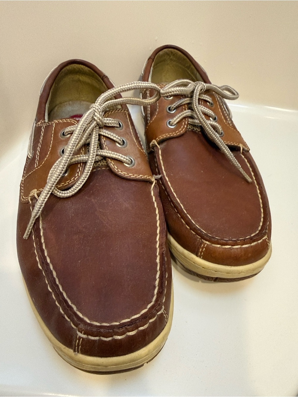 Chaps Men’s Leather Boat Shoes Brown Lace-Up Loafers Size 11M
